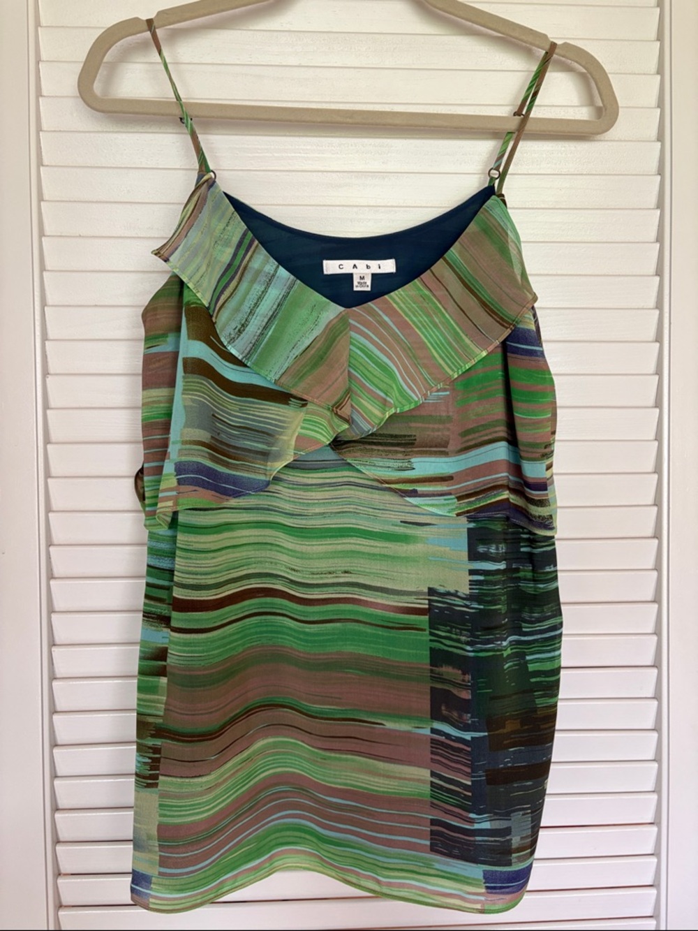 CAbi Green Multi-Stripe Ruffle Cami Top